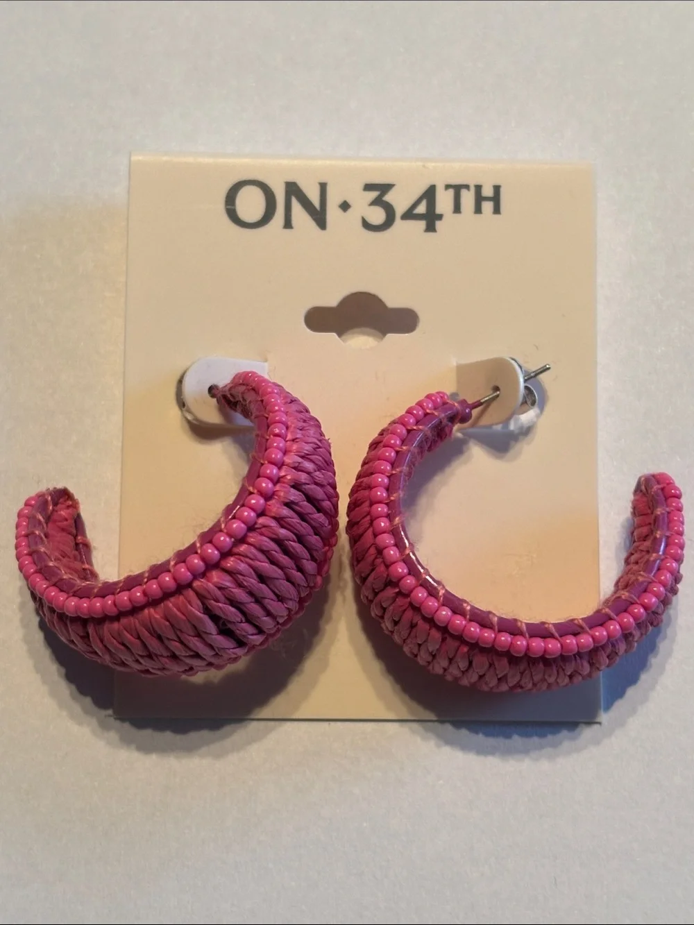 On 34th Seed Bead & Raffia C-Hoop Earrings in Pink